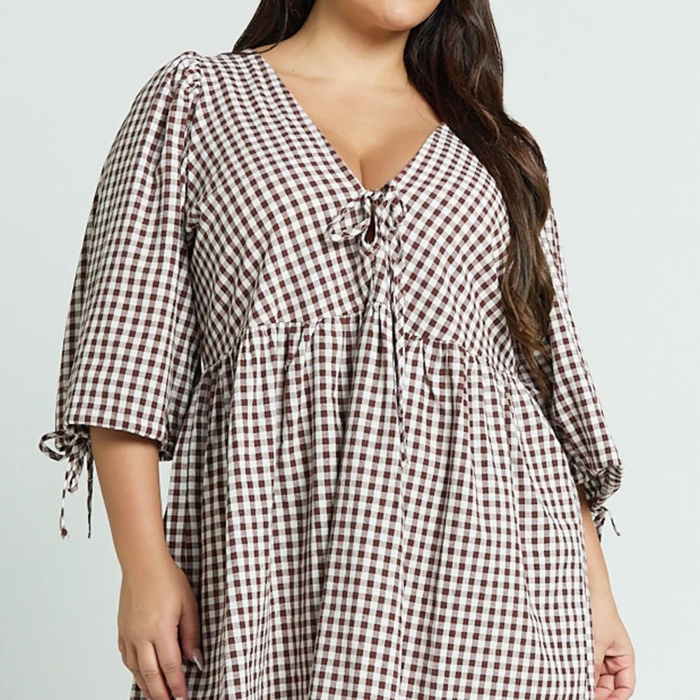 Showpo Tie Front Checkered Mini Dress - Brown and White